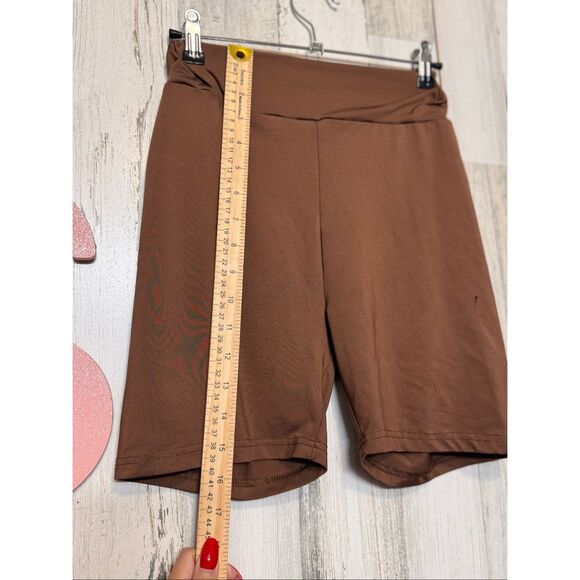 Brown High Waist Stretch Biker Shorts Size S – Soft Polyester, Comfy Fit - Picture 6 of 8